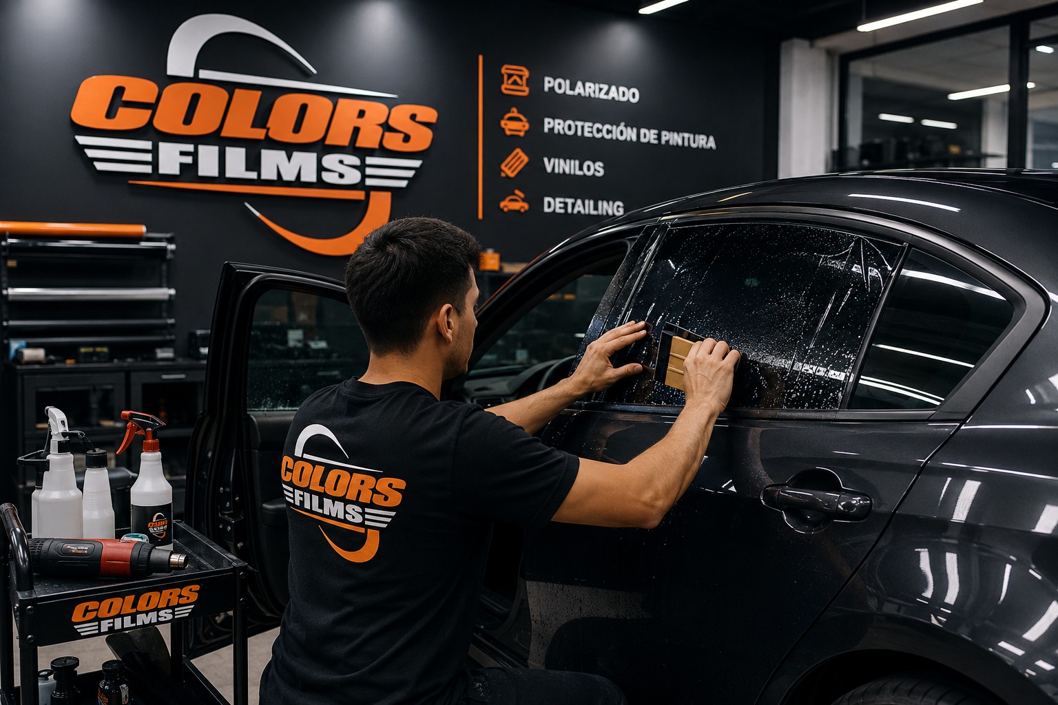 Instalador Colors Films aplicando polarizado profesional